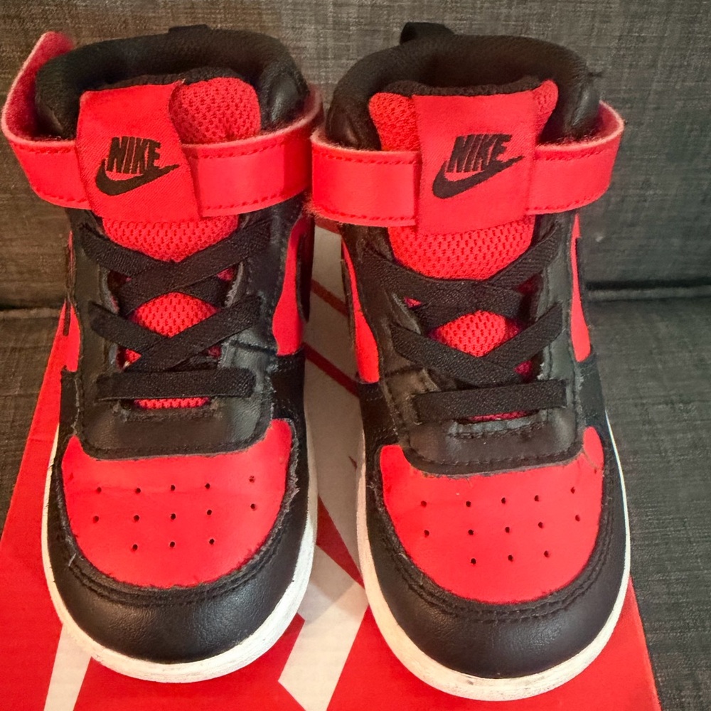Nike Kids Red and Black High-Top Sneakers with Strap